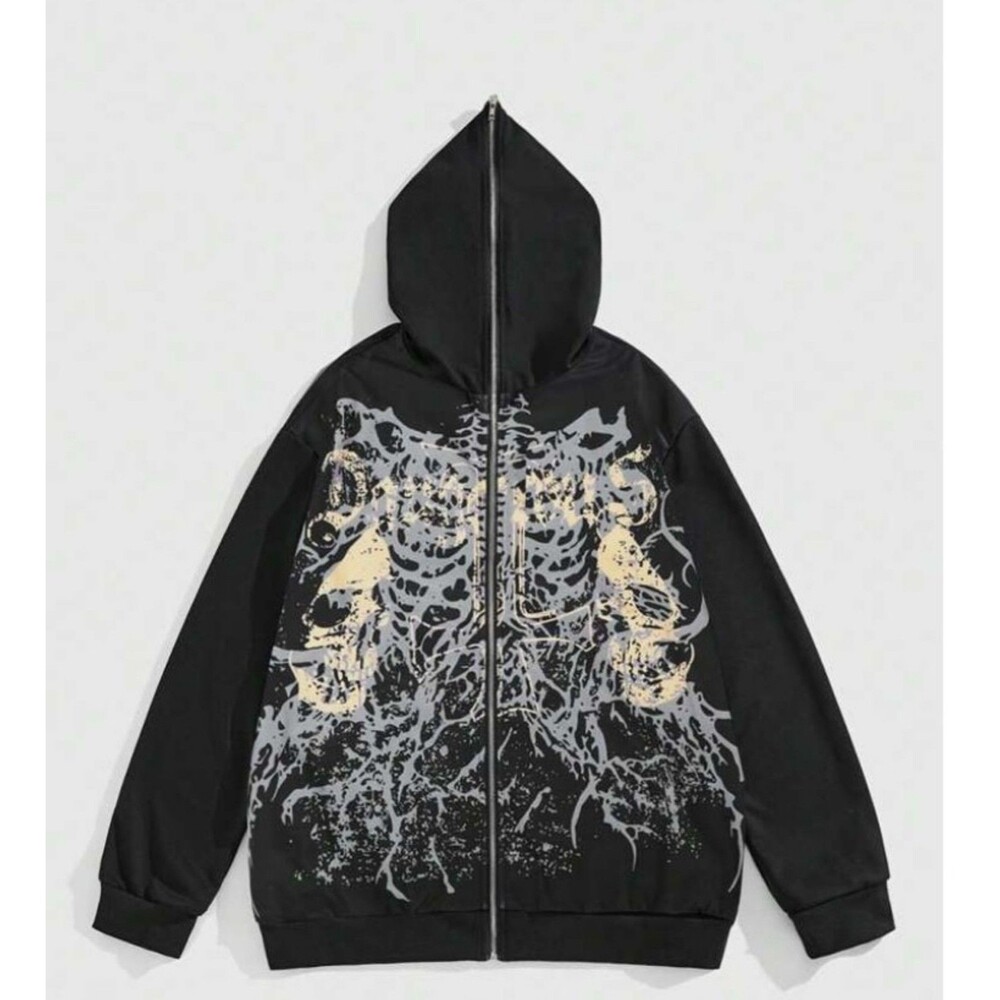 ROMWE Grunge Punk Men's Skeleton Print Zipper Collar Hoodie, Casual Sweatshirt